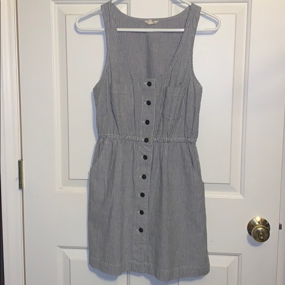 Blue white button up striped dress with pockets